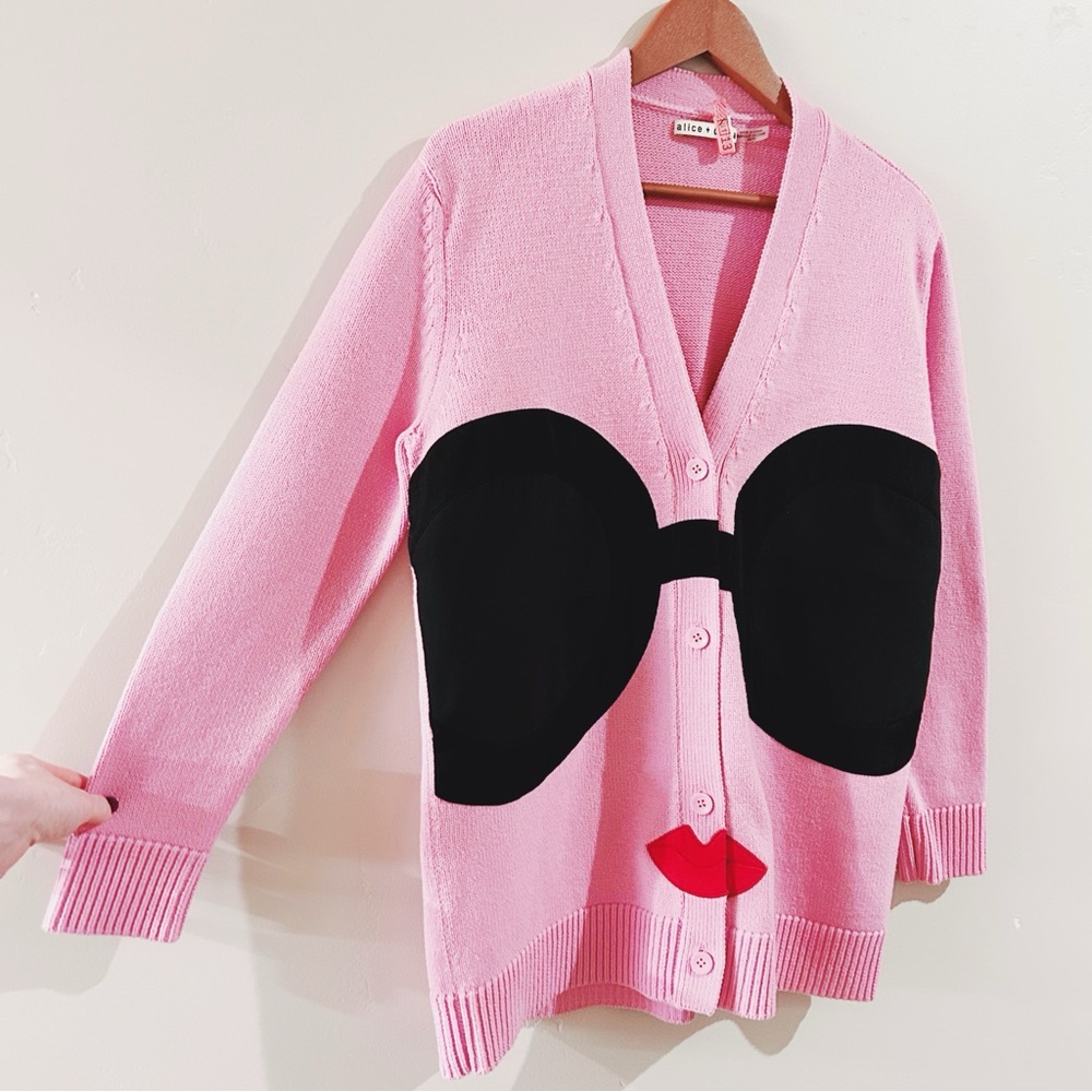 alice + olivia | bradford stace face grandpa cardigan in electric pink ↷ - Picture 3 of 16